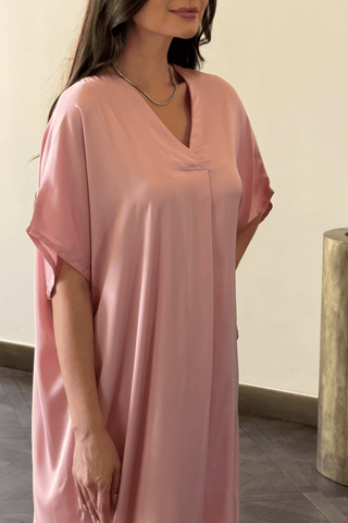 Blush satin jalabiya with V-neck by Venus Karma