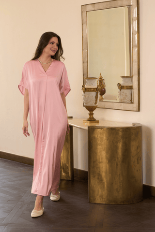 Blush satin jalabiya with V-neck by Venus Karma