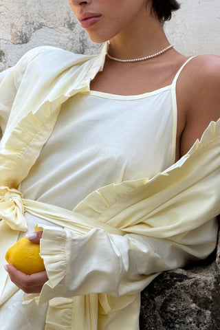 Butter Ruffle Robe worn, side profile