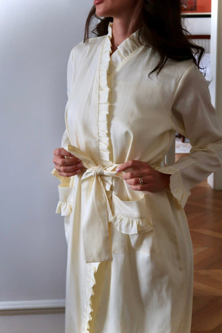 Butter Ruffle Robe - butter yellow cotton satin wrap robe, front view