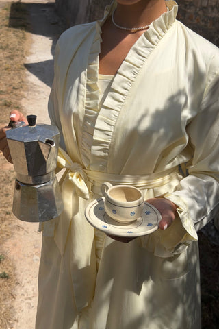 Butter Ruffle Robe worn, close-up on collar and belt