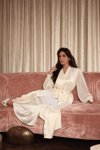 Ivory chiffon sleeve bridal robe in satin by Venus Karma