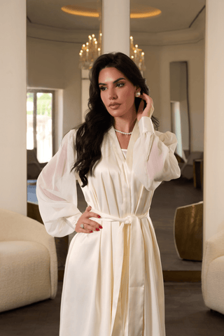 Ivory chiffon sleeve bridal robe in satin by Venus Karma