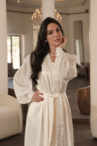 Ivory chiffon sleeve bridal robe in satin by Venus Karma