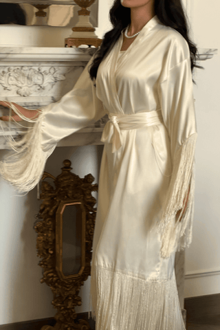 Ivory fringe bridal robe in premium satin by Venus Karma