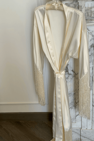 Ivory fringe bridal robe in premium satin by Venus Karma
