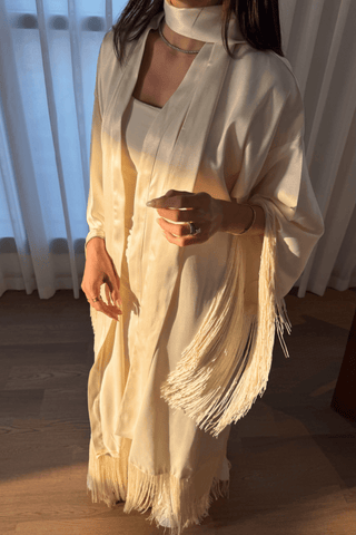Ivory fringe bridal robe in premium satin by Venus Karma