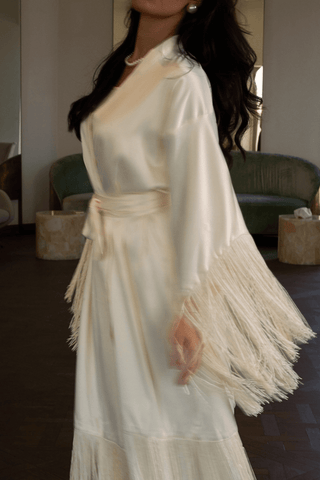 Ivory fringe bridal robe in premium satin by Venus Karma