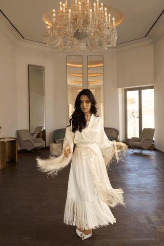 Ivory fringe bridal robe in premium satin by Venus Karma