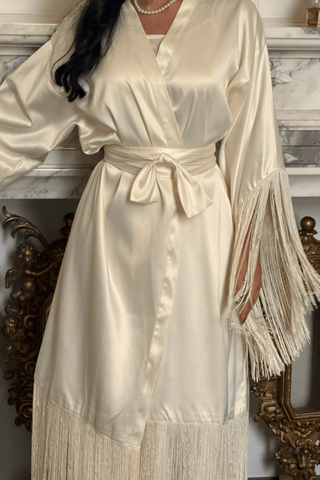 Ivory fringe bridal robe in premium satin by Venus Karma
