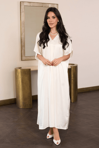 Ivory satin jalabiya with V-neck by Venus Karma