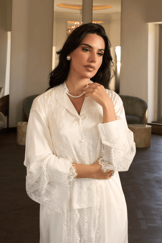 Ivory lace bridal robe in silky satin by Venus Karma
