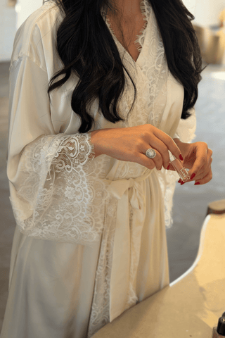 Ivory lace bridal robe in silky satin by Venus Karma
