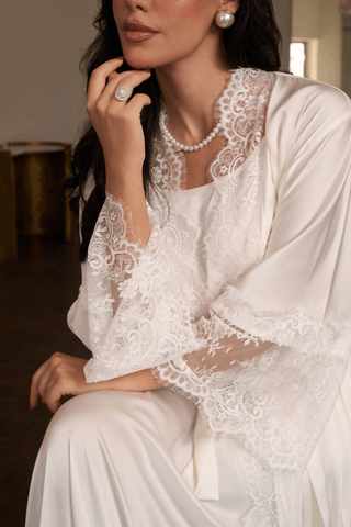 Ivory lace bridal robe in silky satin by Venus Karma