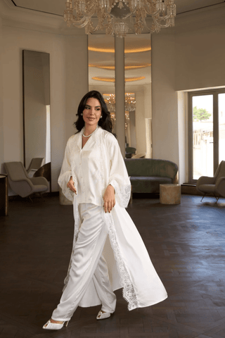 Ivory lace bridal robe in silky satin by Venus Karma