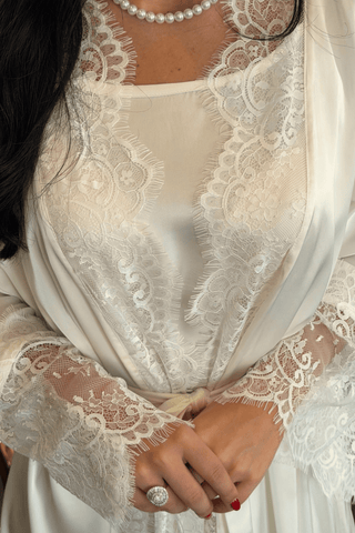 Ivory lace bridal robe in silky satin by Venus Karma