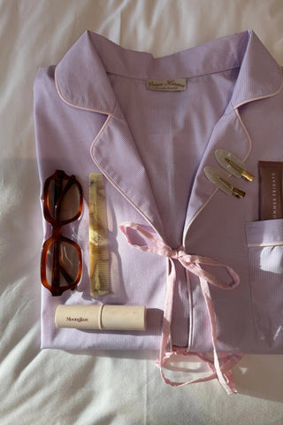 Venus Karma Violet Core pajama set, close-up on stripe pattern